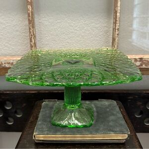Vintage LE Smith Green Glass Large Trellis Pedestal Cake Stand